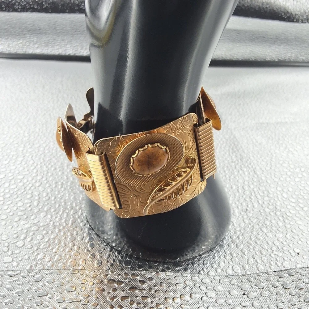 Vintage‎ 1970s Brutalist Tiger's Eye 5-Panel Link Bracelet Gold Tone 8